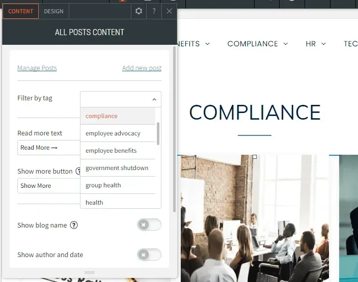 Website compliance page with sidebar filters and a photo of people seated in a meeting room