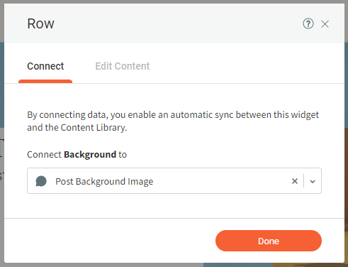 Row settings dialog with Connect tab open, showing “Connect Background to” and a Done button.