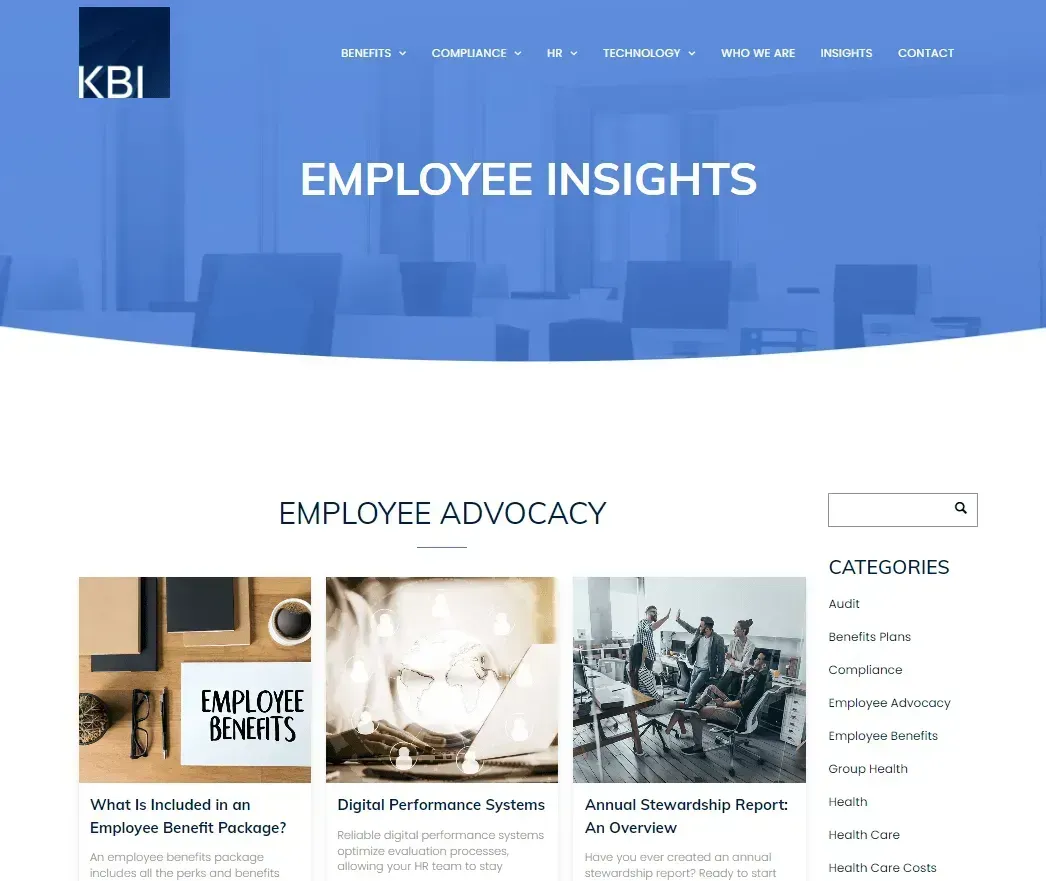 KBI Employee Insights webpage with blue header and employee advocacy article cards