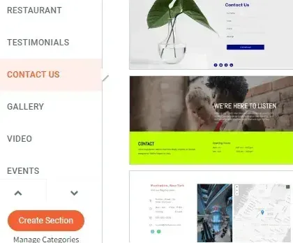 Restaurant website contact page with left navigation menu and bright green content panels