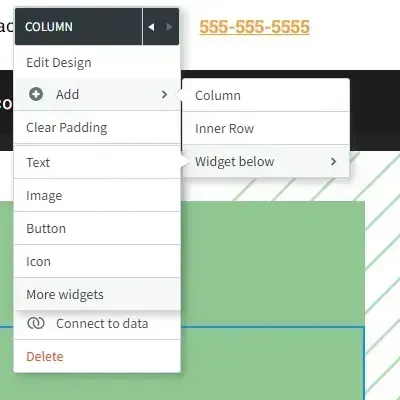 Dropdown menu in a page builder showing column options and a green selected section