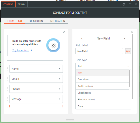 Contact form editor with form fields on the left and a “New Field” panel on the right