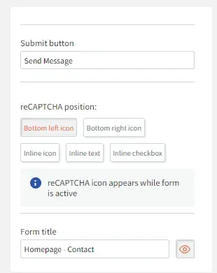 Form settings panel with submit button, reCAPTCHA position options, and form title field