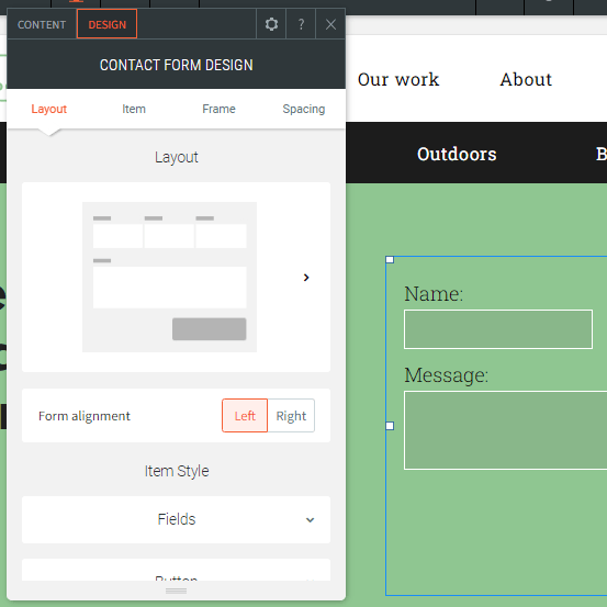 Website editor showing a contact form design panel beside a green form preview.