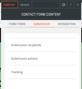 Contact form content settings panel with Submission tab selected, showing recipients, actions, and tracking options