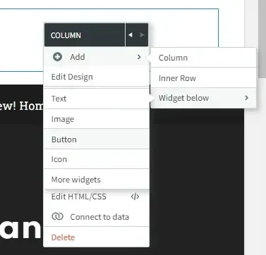 Dropdown menu for a column in a web editor, showing add, edit design, text, image, button, icon, and delete options
