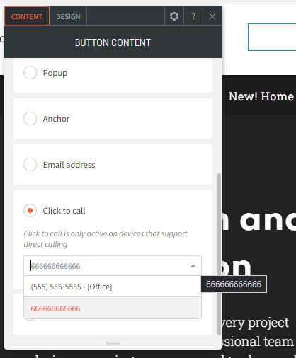 Popup menu with radio options for button actions, showing “Click to call” selected and phone number field visible