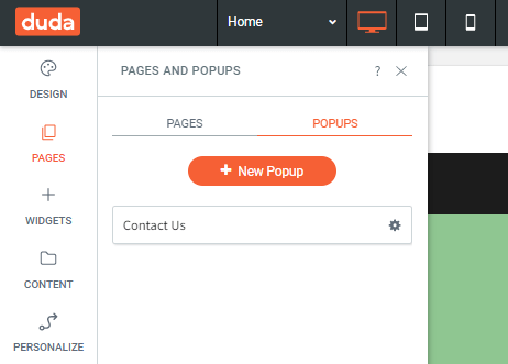 Duda website editor with Pages and Popups panel open, showing a “New Popup” button and “Contact Us” item.