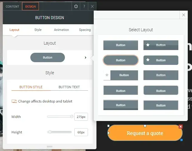 Button design editor showing layout options and an orange “Request a quote” button preview