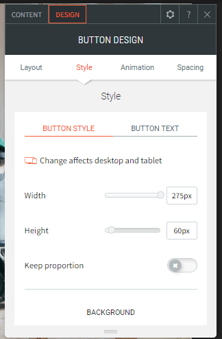 Button design settings panel with style tab, width and height sliders, and a background section.