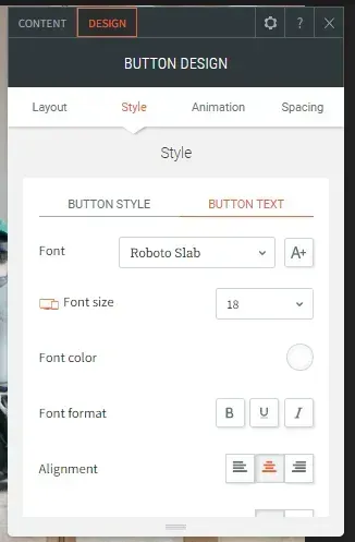 Button design settings panel with font, size, color, format, and alignment options