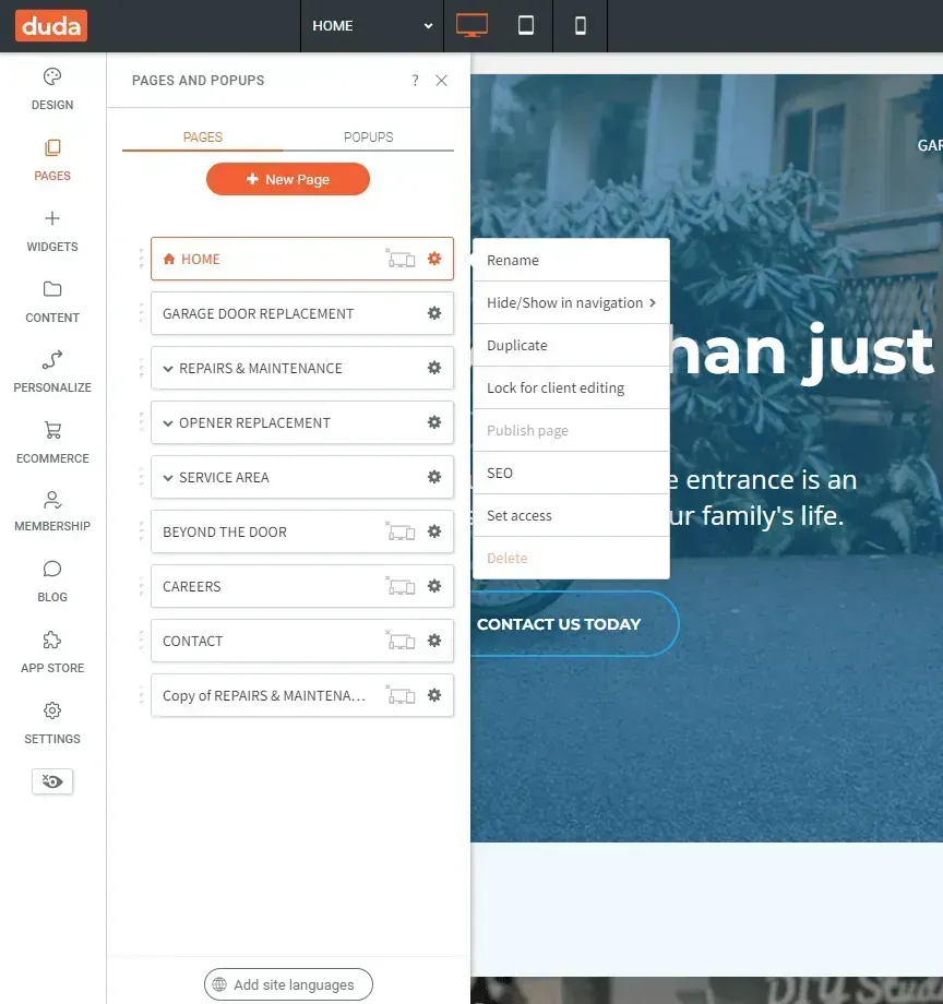 Website editor interface with a left sidebar of page elements and a blue hero banner preview on the right