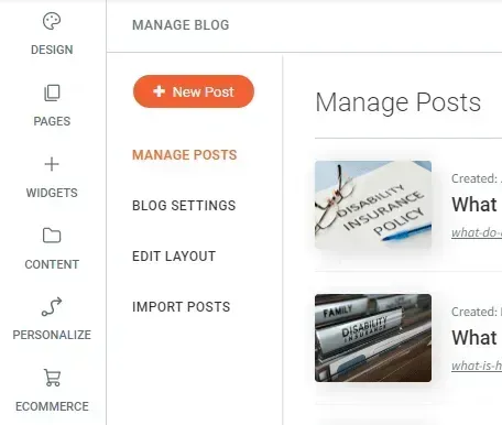 Blog admin dashboard with “Manage Posts” list and orange “New Post” button