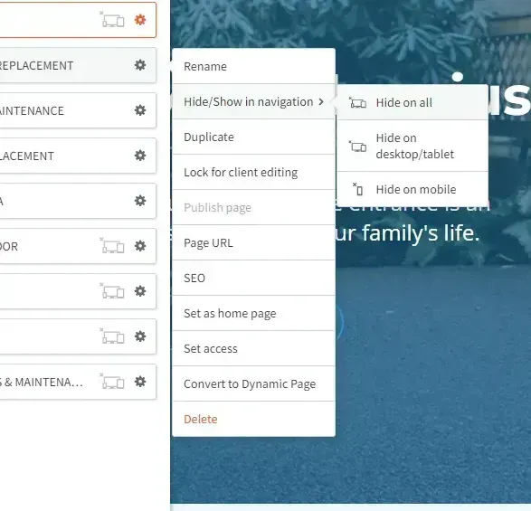 Website editor menu with page options and a hover submenu for show/hide on desktop or mobile.