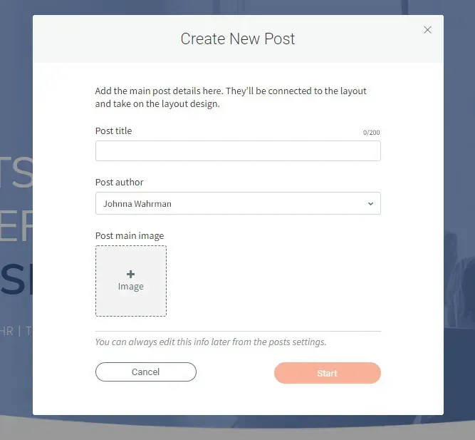 Create New Post dialog with title field, author dropdown, image upload box, and Cancel/Start buttons