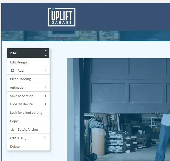 Website builder screenshot with Uplift Garage logo and a blue garage photo background, showing an edit menu on the left