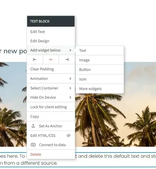 Dropdown editing menu over a webpage with a palm tree background, showing text, image, button, and icon options