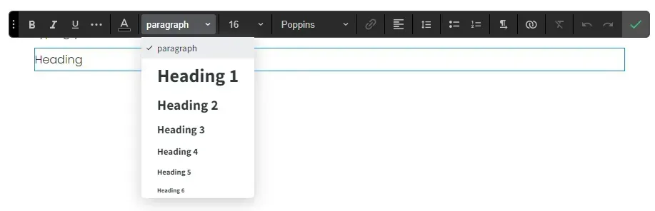 Rich text editor with heading style dropdown open showing Heading 1–6 options