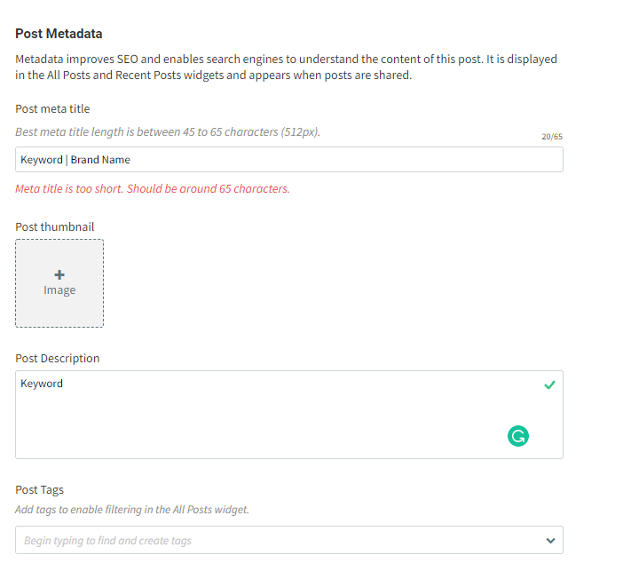 Screenshot of a post metadata form with fields for title, thumbnail, description, and tags