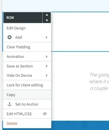 Dropdown menu for a row in a page editor, showing options like edit design, add, copy, and delete