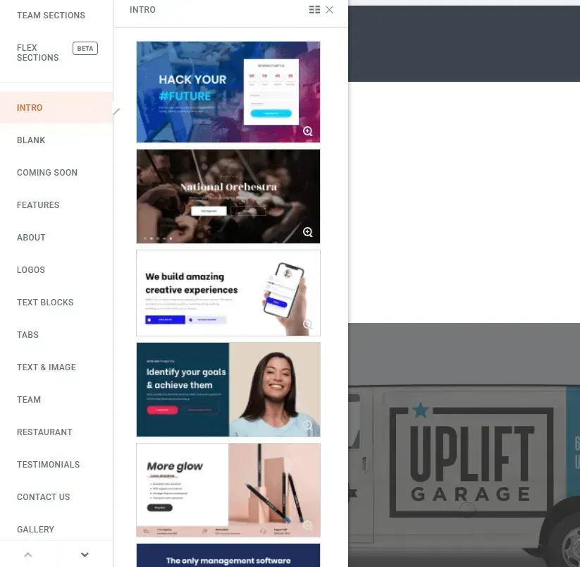 Website editor showing a mobile page preview with stacked banner images and a left sidebar menu