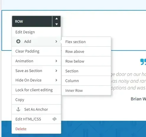 Dropdown menu for a row editor showing add options like flex section, row above, section, and column.