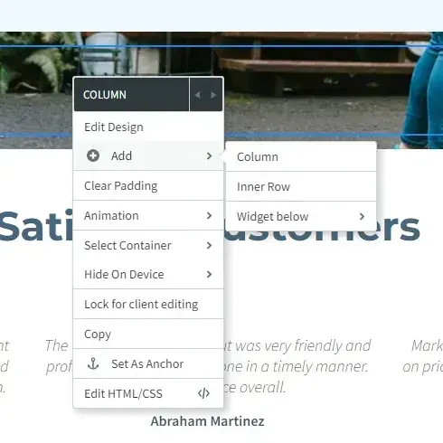 Website editor context menu over a testimonial section with text and a person’s photo partially visible