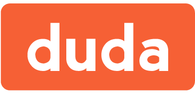 Duda logo in white lowercase text on an orange rounded rectangle background