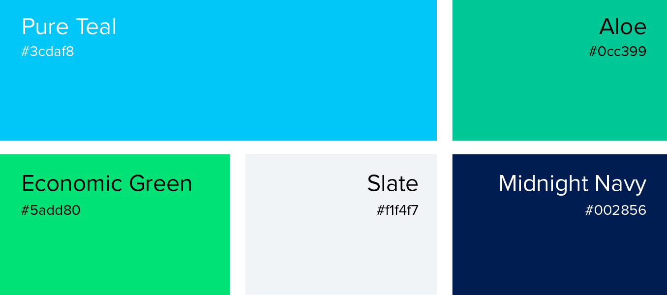 Color swatches labeled Pure Teal, Aloe, Economic Green, Slate, and Midnight Navy on a white background