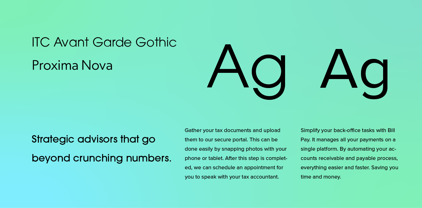 Mint graphic with “ITC Avant Garde Gothic Proxima Nova,” large “Ag Ag,” and small text blocks on the right.