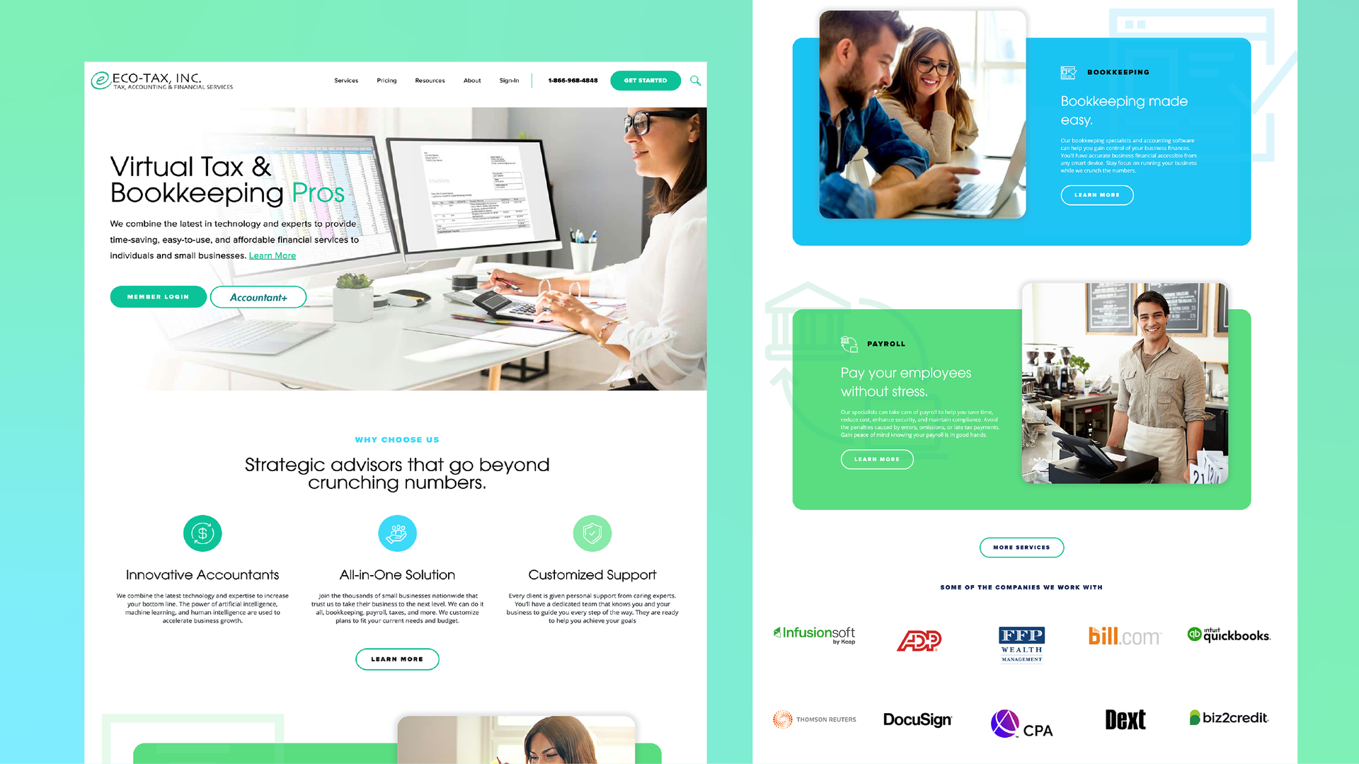 Website design mockups with green and blue landing pages, featuring people and interface sections