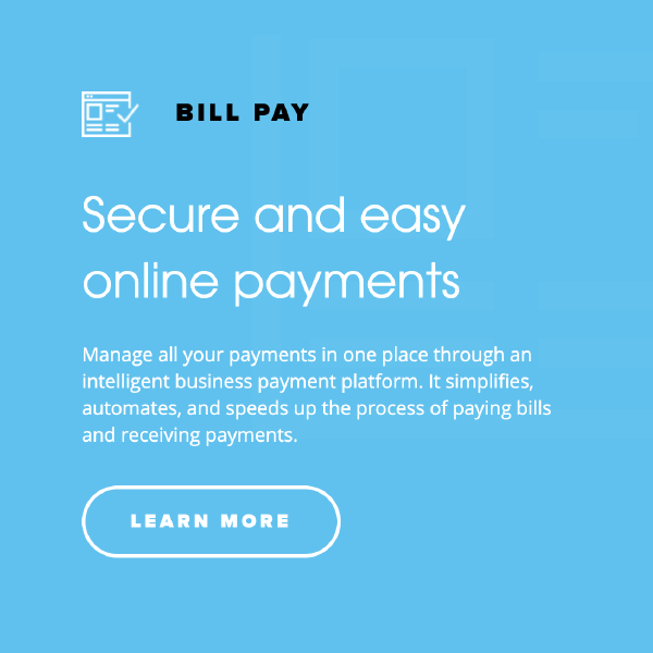 Blue bill pay ad reading “Secure and easy online payments” with a “Learn more” button