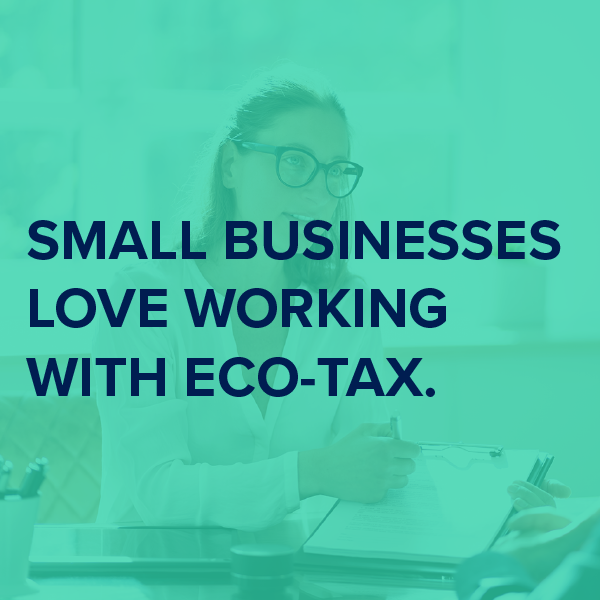 Teal-tinted office scene with the text “Small businesses love working with Eco-Tax.”