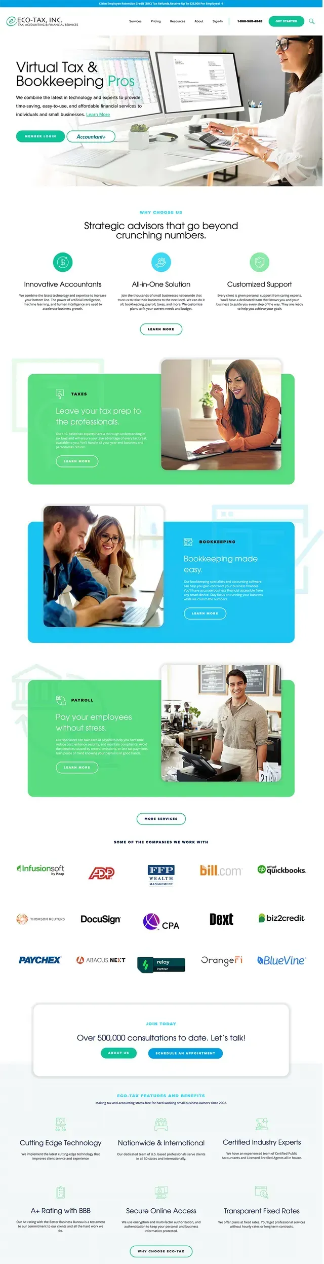 Screenshot of a colorful website landing page with green and blue sections, photos, and navigation icons.