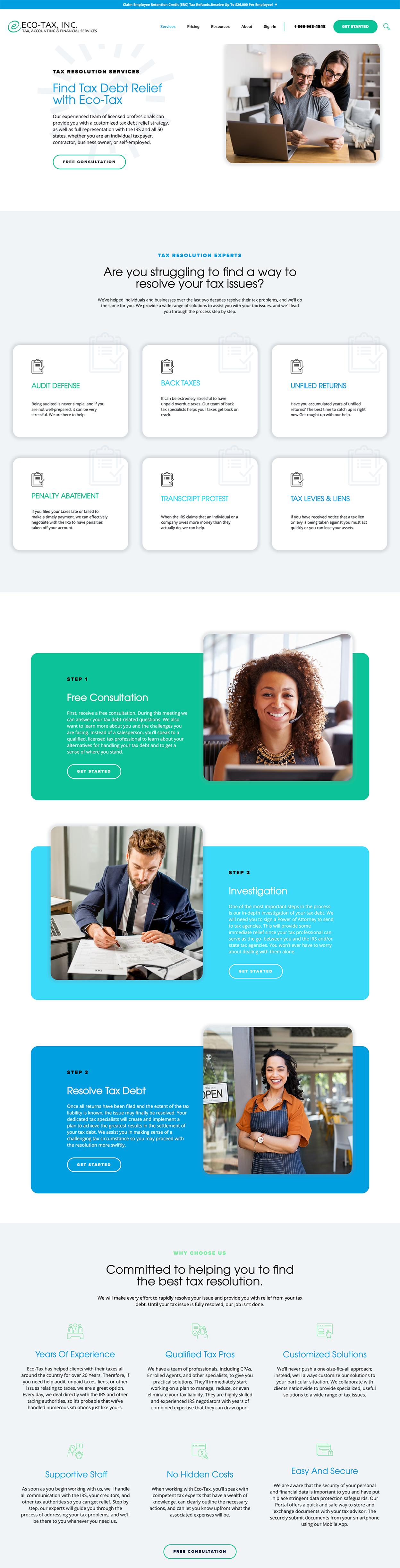 Mobile app landing page with blue and white sections, feature cards, and photos of people using devices