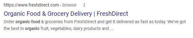 FreshDirect search result with the title “Organic Food & Grocery Delivery | FreshDirect”
