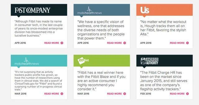 Grid of six customer testimonial cards in assorted colors with quotes and “read more” links.