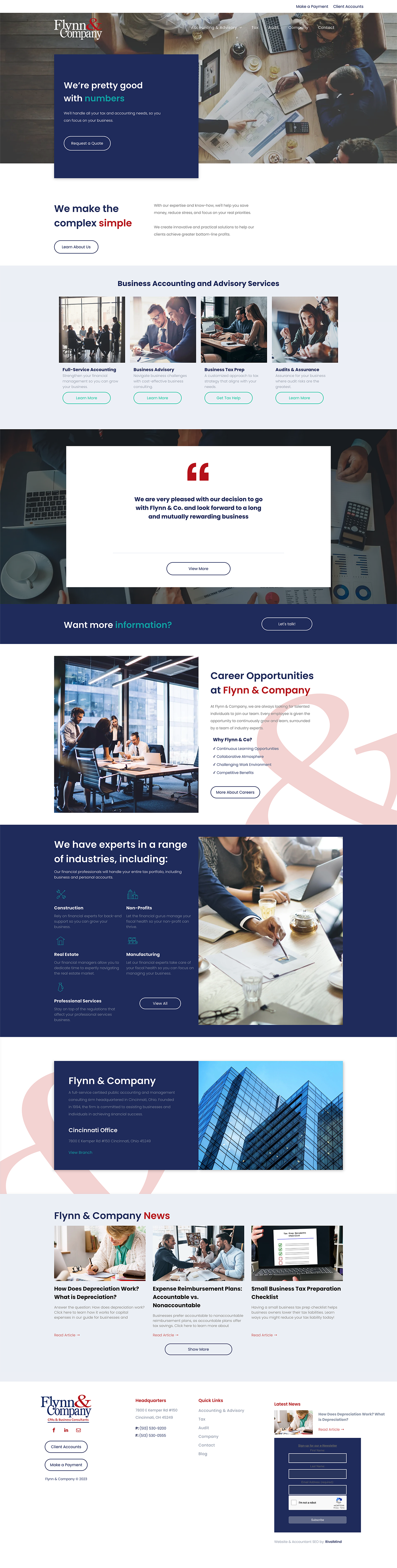 Collage of website screenshots with blue and white sections, photos, and a contact form.