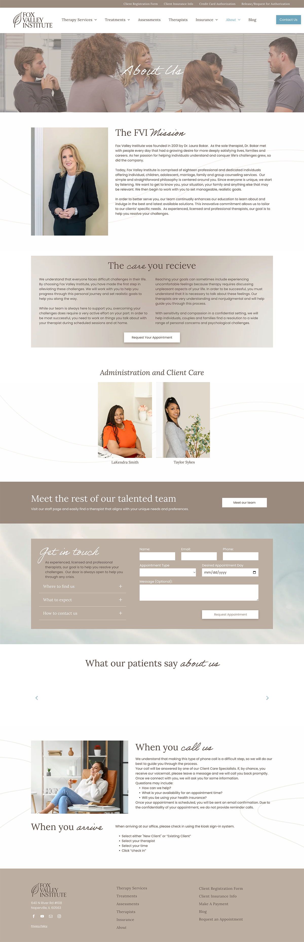 Webpage screenshot with multiple photo blocks, text sections, and a beige form panel on a light background