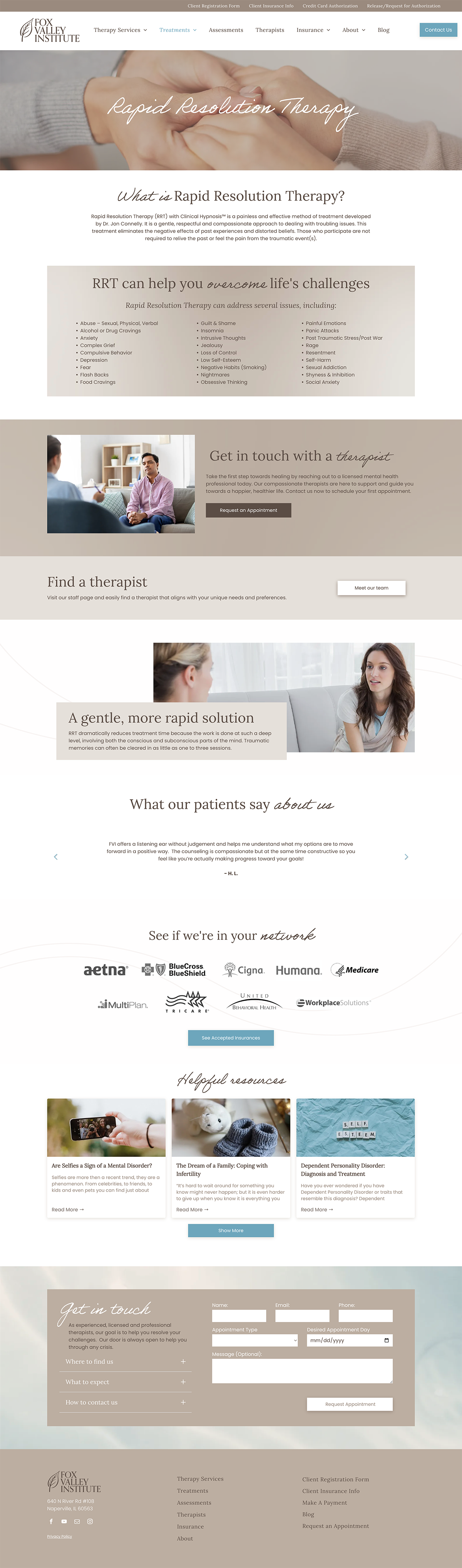 Website landing page for a spa or salon with beige styling, photos, text sections, and booking/contact forms