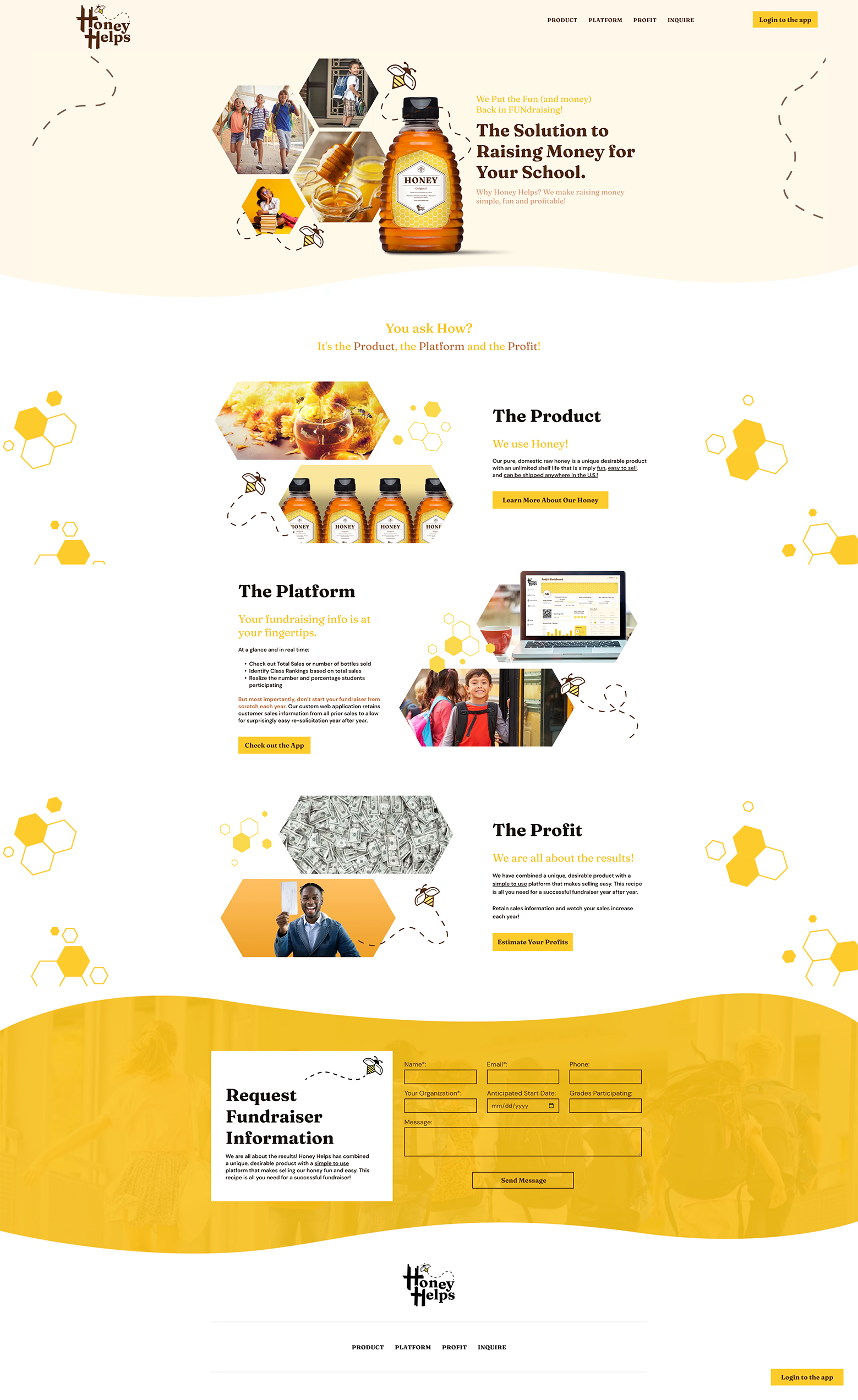 Honey-themed product webpage with amber jars and bottles, yellow accents, and floating honeycomb illustrations