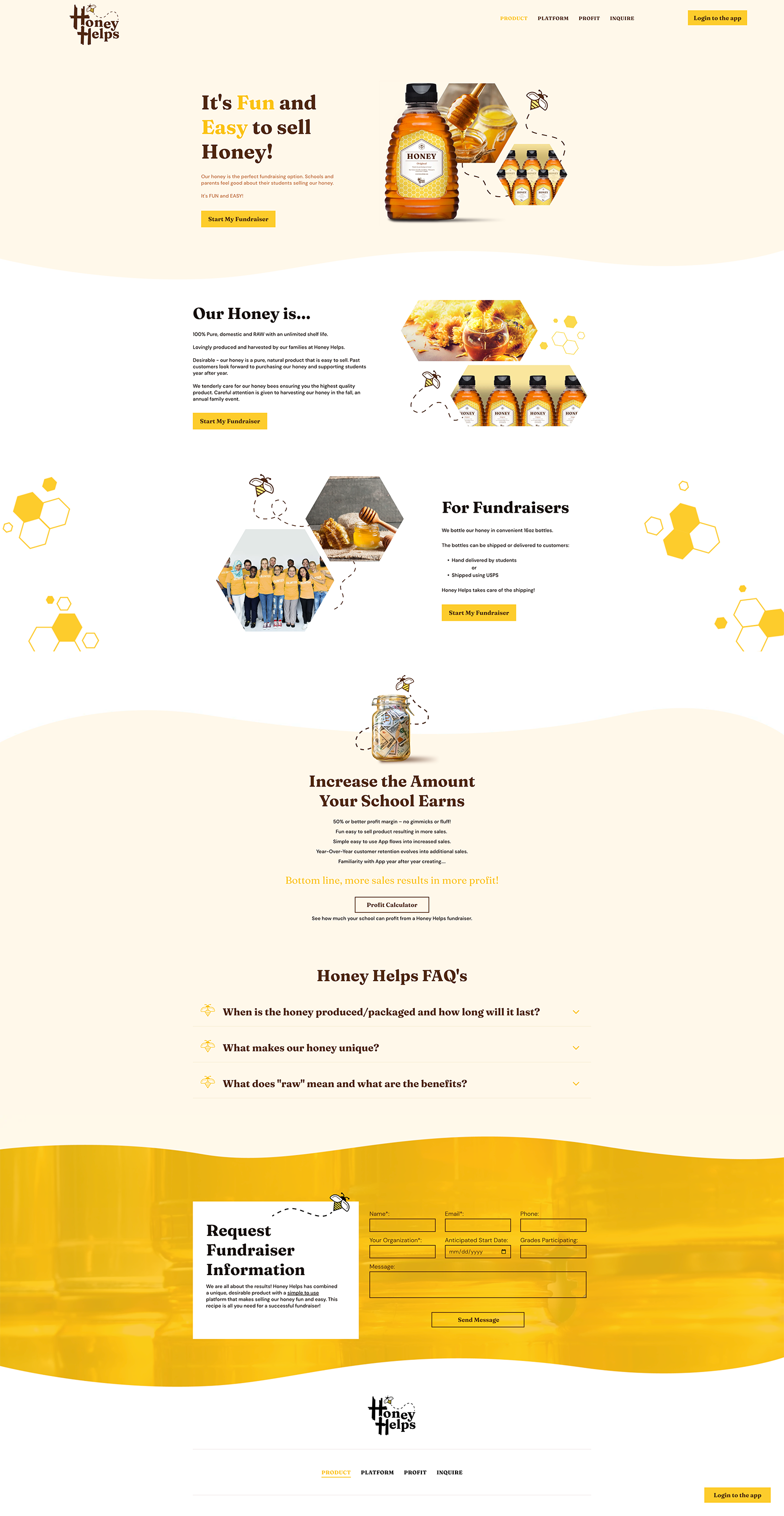 Bright yellow bakery-style webpage with cartoon honey jars, cupcakes, and dessert promotions