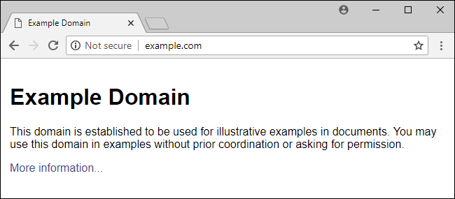Browser window showing the “Example Domain” webpage with simple black text on a white background.