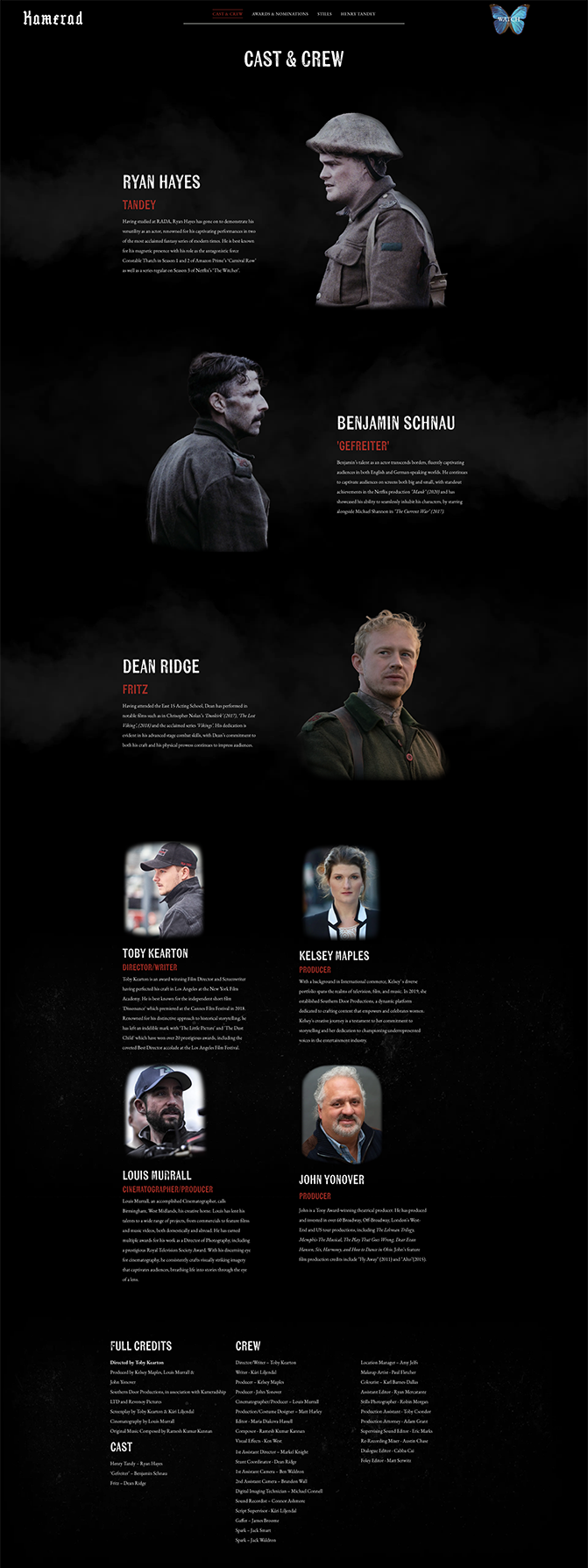 Dark-themed webpage with several profile cards, portraits, and short text sections on a black background