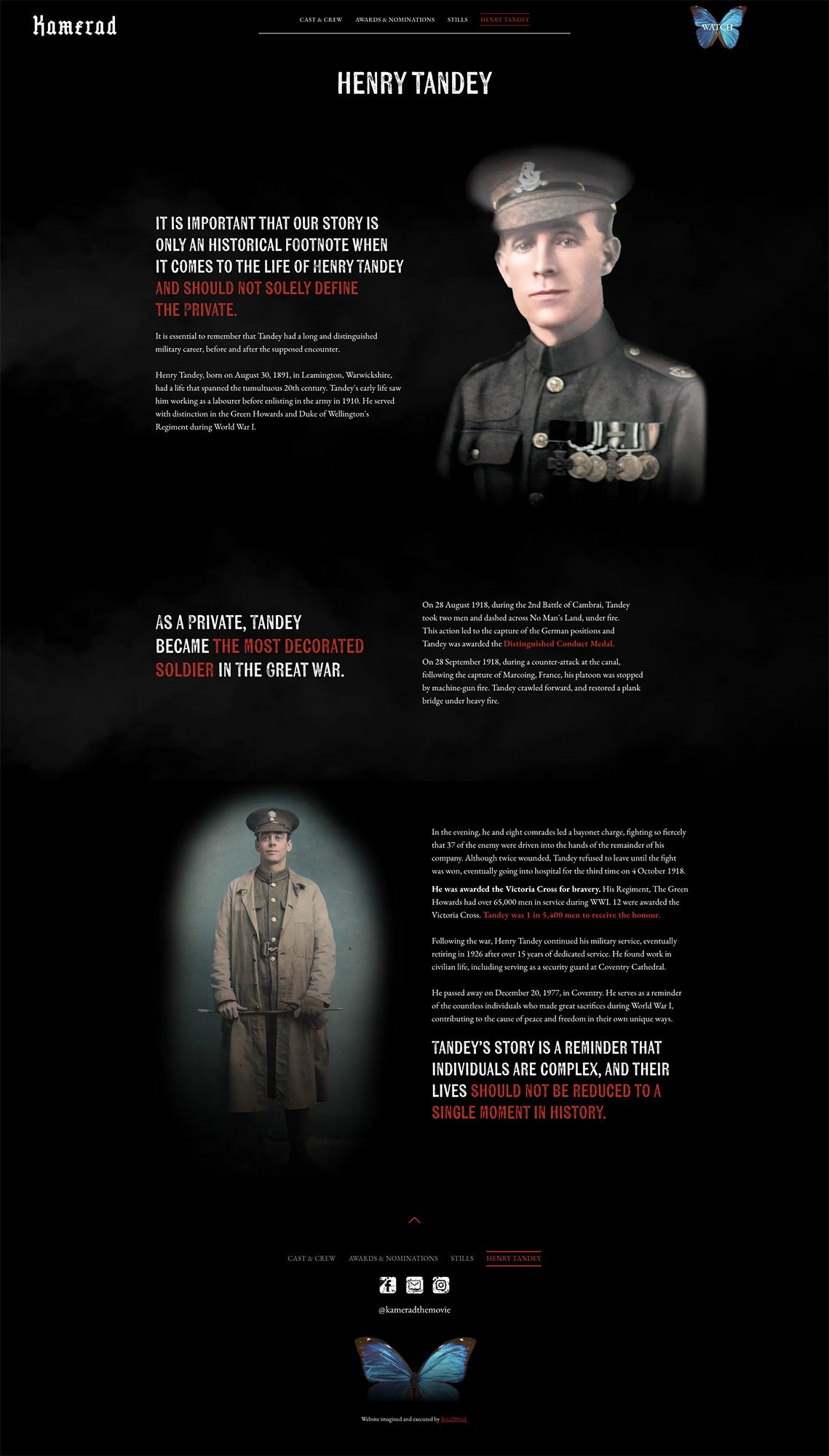 Dark poster with Chinese text and two military-style portraits on a black background, accented in red and blue.