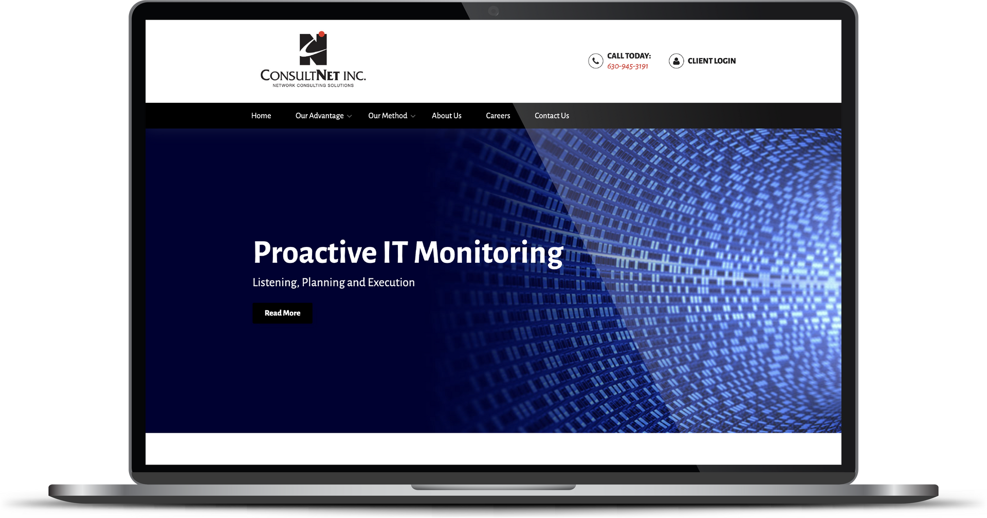 Laptop displaying a dark blue website hero with the heading “Proactive IT Monitoring”