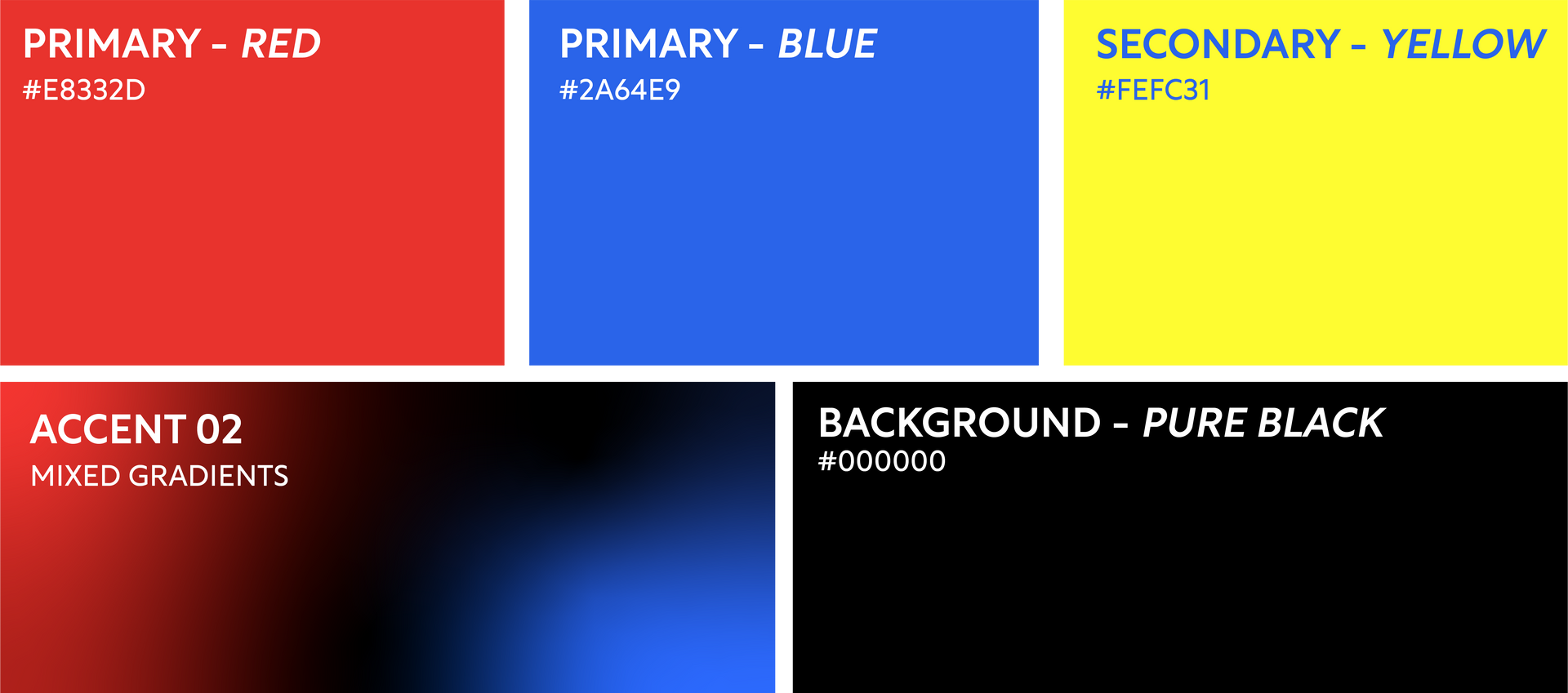 Color palette chart with red, blue, yellow, black, and a blue-toned accent swatch with hex labels