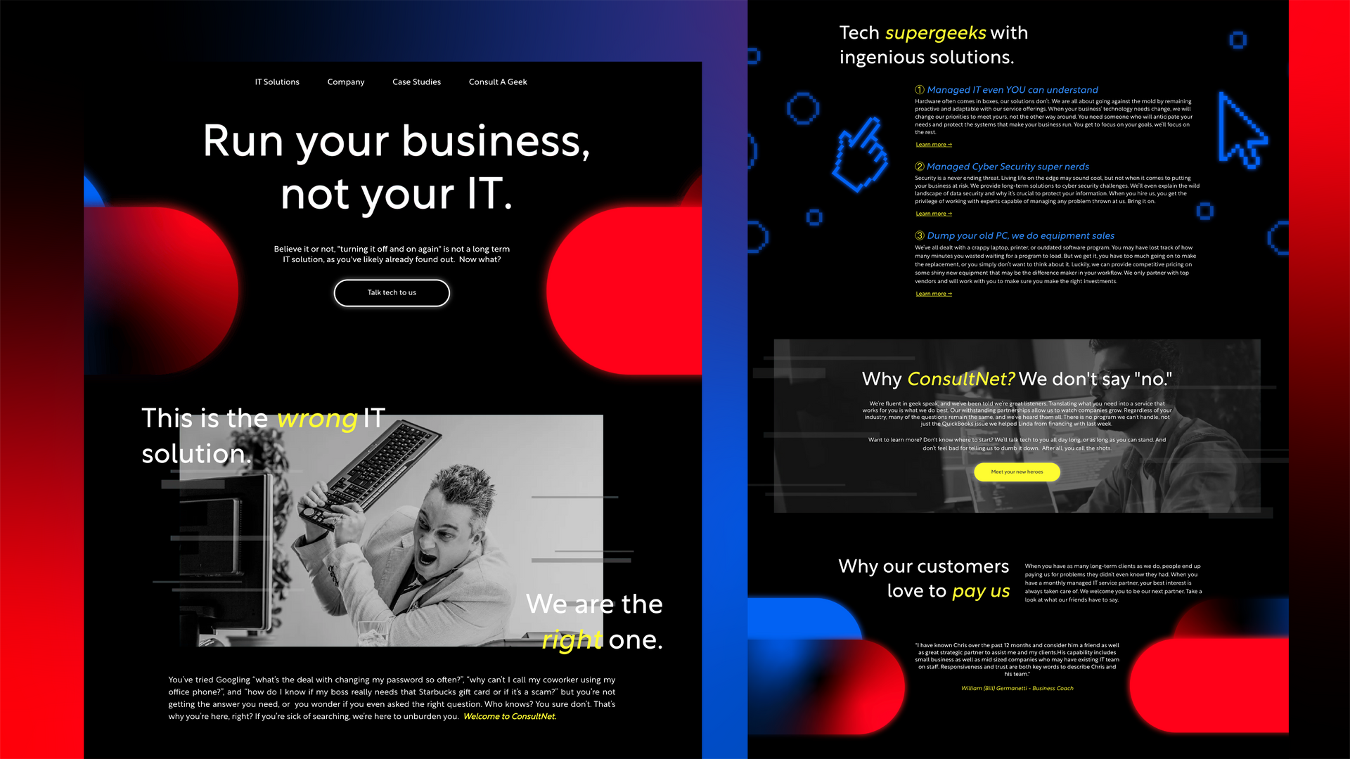Dark tech-style webpage mockups with bold red, blue, and yellow accents, featuring IT service text.