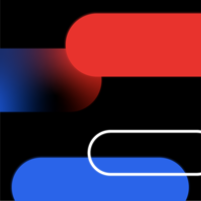 Abstract black background with overlapping red, blue, and white rounded bars