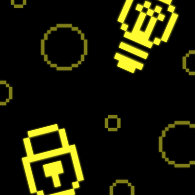 Yellow padlock and lightbulb icons on a black background with scattered circles